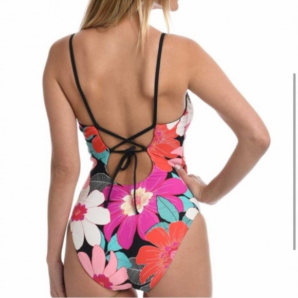 LA BLANCA In Full Bloom reversible plunge front one piece swimsuit #LB2CJ09 NWT - Picture 3 of 5